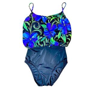 Vintage Robby Len Swim Fashions Gold Floral Blouson One Piece Size 12 1980s-90s